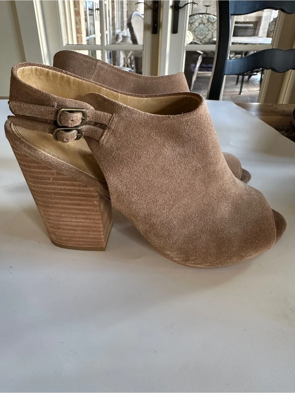 Splendid Women’s Kaylee Suede Peep-Toe Block Heel Slingback Booties- Tan Sz 9.5
